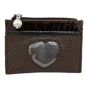 Brighton Small Wallet Brown Leather ID Holder‎ Zippered Coin Purse Heart Window‍